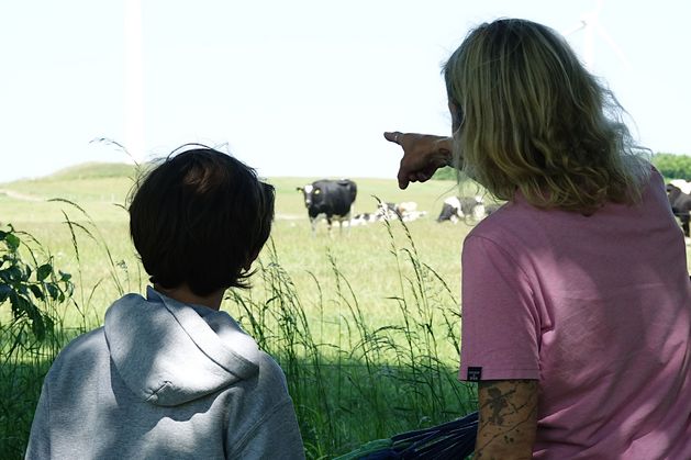 Erzieherin zeigt einem Jungen im Schatten stehend schwarzweiß gefleckte Kühe auf einer Weide.