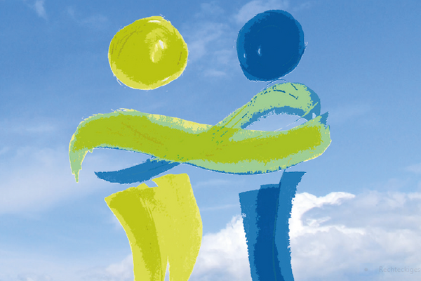 zwei stilisierte Personen in Gelb-Grün und Blau umarmen sich, darüber steht sexualpädagogische Konzeption